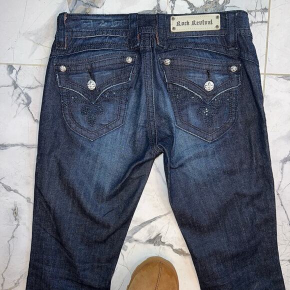 Rock Revival Low Rise Heather Boot Jeans Dark Wash Fleur des Lis Buttons Size 29 - Picture 9 of 13